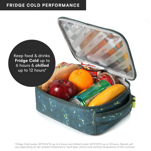 Badass Pixel Camo Soft Sided Cooler Lunch Bag With Two Ice Packs And Six Hours Of Fridge Cold Chill For The Daily Grind Or Weekend Haul filled with fruits and drinks