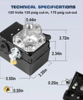 Pressure Switch With Unloader And On Off Lever 135 To 175 PSI For Reciprocating Air Compressor Replacement Part with dimensions