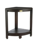 Snazzy Corner Teak Shower Shelf Three Tier Standing Bathroom Organizer, single teak tier, freestanding corner view.