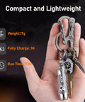 Aurora A8 4th Gen USB C Keychain Flashlight with keys in hand, highlighting compact design and weight, fully chargeable in 1 hour.