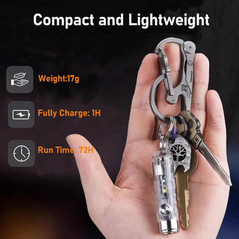 Aurora A8 4th Gen USB C Keychain Flashlight with keys in hand, highlighting compact design and weight, fully chargeable in 1 hour.