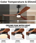 60 Inch Smart Ceiling Fan With Lights For Outdoor Patio And Covered Porch, Three Real Wood Blades In Dark Walnut, Alexa And Google Assistant Voice Control, App And Remote, Quiet DC Motor displayed with dimmable LED light options.