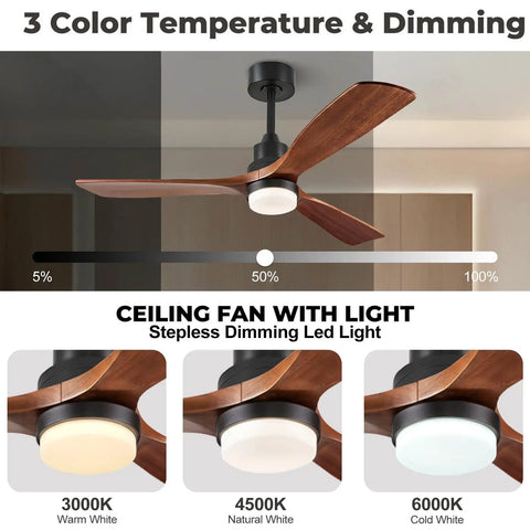 60 Inch Smart Ceiling Fan With Lights For Outdoor Patio And Covered Porch, Three Real Wood Blades In Dark Walnut, Alexa And Google Assistant Voice Control, App And Remote, Quiet DC Motor displayed with dimmable LED light options.