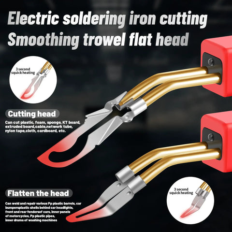 220W Plastic Welder Kit 2 In 1 Plastic Repair Set With Hot Stapler Soldering Gun And 1000 Rods features cutting and flattening heads.