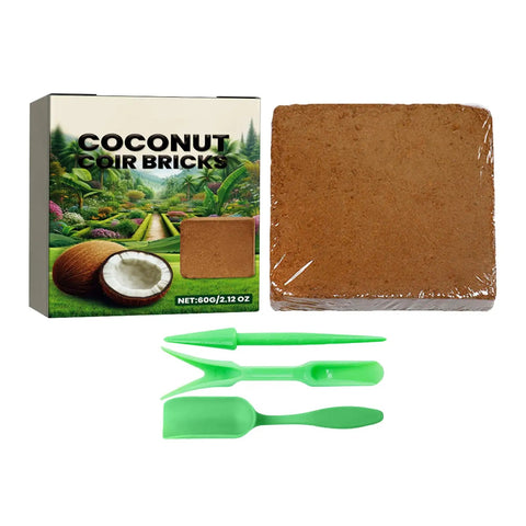 Coconut coir bricks with green gardening tools, Compressed Reusable Mulch And PH Balanced Potting Soil For Indoor Outdoor Gardening