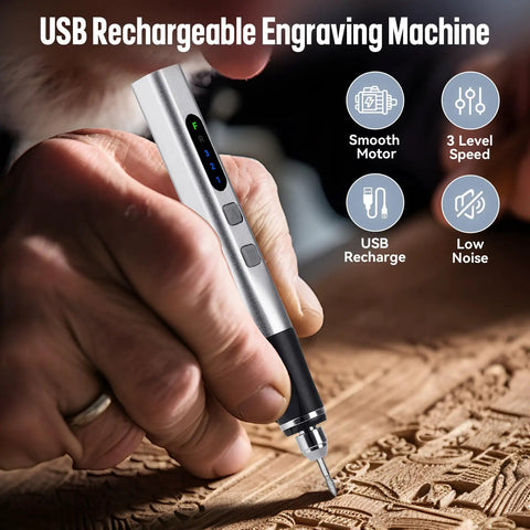 Person using Upgrade 2 Way Rotary Electric Engraving Pen With 37 Bits Cordless USB Rechargeable for engraving wood detail.