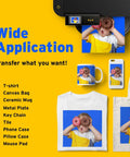 High Quality Sublimation Paper Set 100 Sheets 8.5 X 11 Inches 125 GSM For Epson Sawgrass Ricoh Inkjet Printers With Sublimation Ink displayed with T-shirt, mug, phone case, tote, and image transfer applications.
