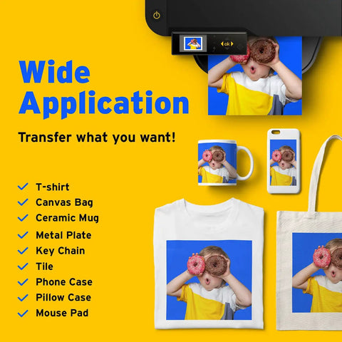 High Quality Sublimation Paper Set 100 Sheets 8.5 X 11 Inches 125 GSM For Epson Sawgrass Ricoh Inkjet Printers With Sublimation Ink displayed with T-shirt, mug, phone case, tote, and image transfer applications.