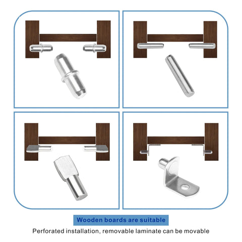 Rock Solid 108 Piece Shelf Pins Kit Featuring Premium Nickel Plated Steel Cabinet Pegs displayed in four configurations for shelving.