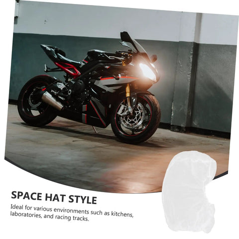 50 Pack Top Shelf Disposable Nonwoven Hair Nets For Cleanrooms And Kitchen Sites Sit Slick With Snag Free Elastic Bands Lock Down Loose Strands Block Dust Particles For Factory Work Or Lab Shifts Real Deal Quality next to motorcycle in a garage setting.