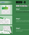 Installation guide for 12x12x1 Air Filter 4 Pack MERV 8 Pleated Filters For Home HVAC AC Furnace Replacement, steps 1 to 3 shown.