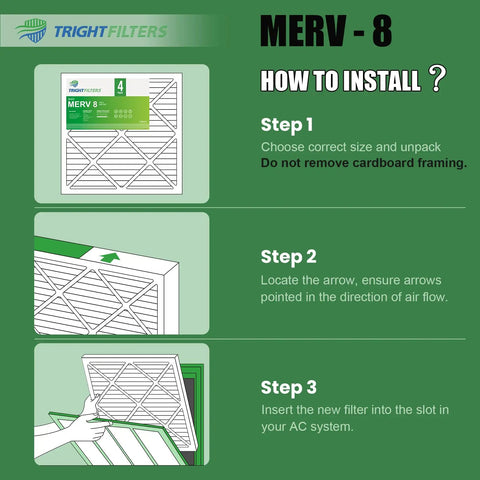Installation guide for 12x12x1 Air Filter 4 Pack MERV 8 Pleated Filters For Home HVAC AC Furnace Replacement, steps 1 to 3 shown.