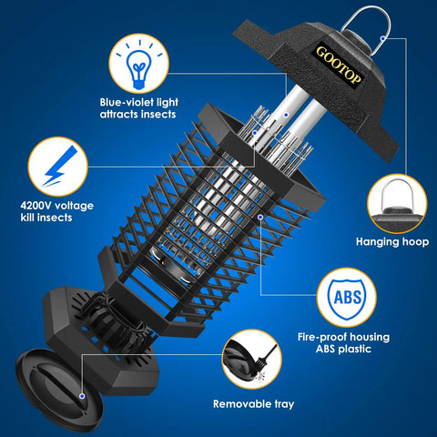 Outdoor Bug Zapper That Actually Works 4200V Electric Mosquito Killer with 3 prong plug, ABS black housing, UV light attractant.