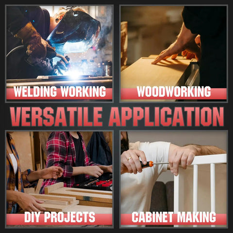 Collage showing uses: welding, woodworking, DIY projects, cabinet making with the 10 To 180 Degree Adjustable Tube Clamp With Swing Jaw Aluminum Alloy Right Angle Corner Clamp For Welding Woodworking DIY Projects And Cabinet Making Today.