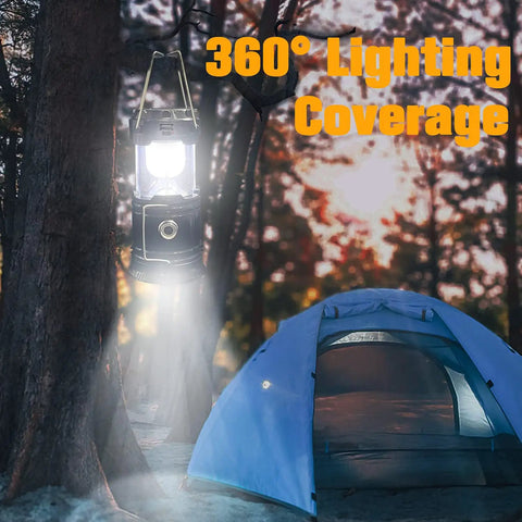 Collapsible Portable LED Camping Lantern 4 Pack, Waterproof Solar USB Rechargeable, hanging on tree near blue tent at sunset