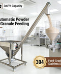 Rock Solid Automatic Screw Conveyor Feeder Machine With Food Grade Stainless Steel Auger, 3 Cubic Meter Hour Output in action, displaying feeding process.