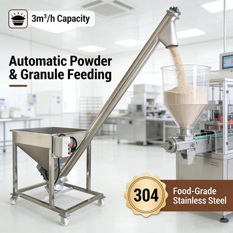 Rock Solid Automatic Screw Conveyor Feeder Machine With Food Grade Stainless Steel Auger, 3 Cubic Meter Hour Output in action, displaying feeding process.