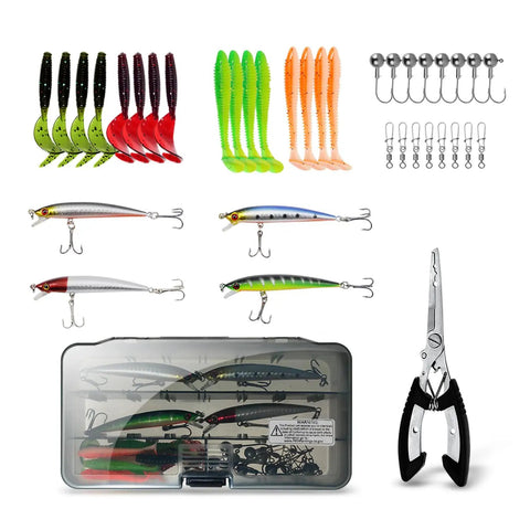 Set of fishing lures, hooks, and pliers from All In One Fishing Gear Kit With 2 Telescopic 6.89 Ft Rods, 2 Spinning Reels, and Carrier Bag