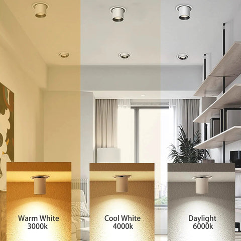 Six Pack 4 Inch Rotatable LED Recessed Downlights 18W COB Dimmable Anti Glare 3000K 4000K 6000K in various room settings