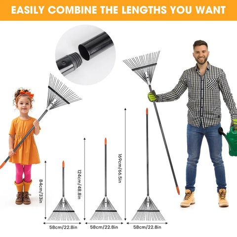 Heavy Duty Garden Leaf Rake With 22 Tines And 22.8 Inch Wide Head, Adjustable 33 To 67 Inch Handle, shown with people