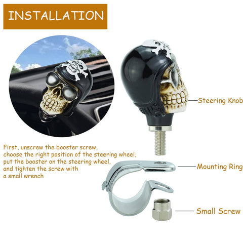 Skull Steering Wheel Spinner Power Booster Knob, black skull design, with mounting ring and screw for easy steering installation