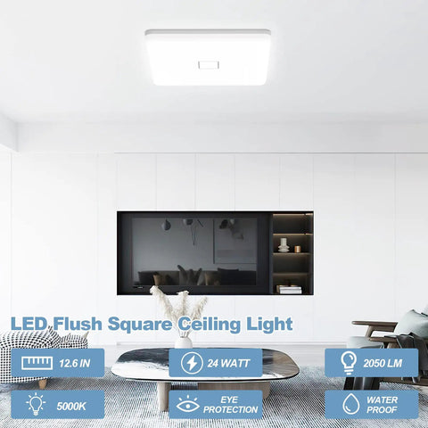 Two Pack Square LED Flush Mount Ceiling Light 24W 2050LM 5000K Daylight Ceiling Fixture IP44 Waterproof in a modern living room
