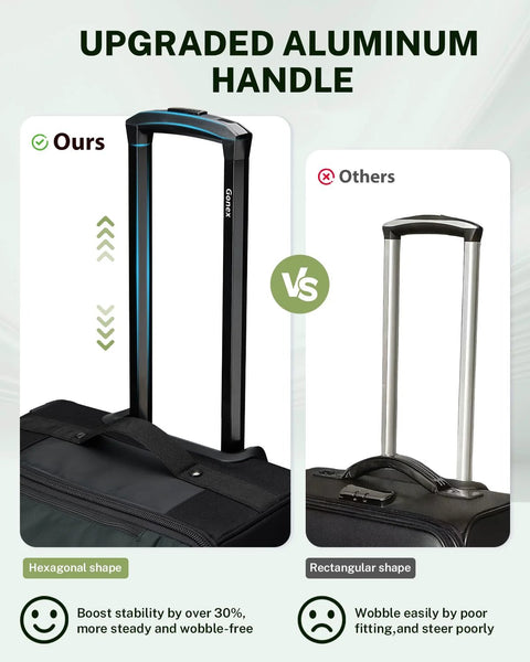Gonex rolling duffle bag with wheels; black telescoping handle with blue edge over green nylon fabric.
Rectangular luggage with silver telescoping handle and dark fabric.