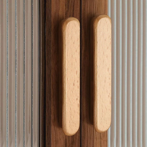 Red Wood Round Wooden Drawer Knobs installed on cabinet doors, highlighting minimalist design, 5 inch single hole, 0.9 inch diameter