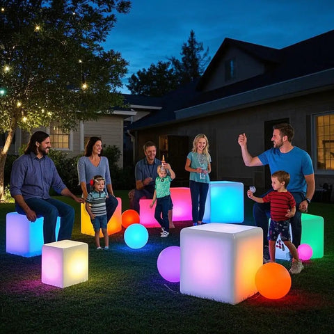 Backyard gathering with 16 Inch LED Cube Chair Light With 16 RGB Colors Glow Cube Seat and glowing spheres for party vibe.