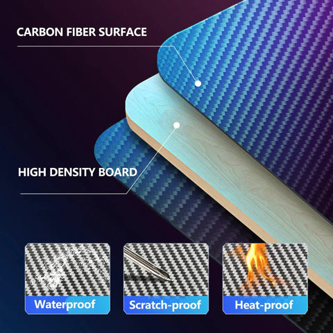 Close-up of carbon fiber surface and high density board on Adjustable Height Standing Desk With Carbon Fiber Top And Hella Fast Electric Lift.