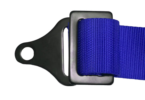 Close-up of metal buckle on Blue 4 Point Harness With 2 Inch Straps For Universal UTV Off Road Use Built To Last Tough As Nails Heavy Duty Safety