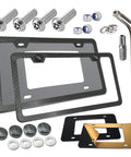 Anti Theft License Plate Frames With Carbon Fiber Look Aluminum Construction And Stainless Steel Anti Theft Screws For Front And Rear US Cars Protect Your Tags From Thieves And Weather While Keeping Your Car Clean kit including frames, screws, and accessories