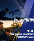 Children using Beginner Kids Telescope With 50mm Aperture And Tripod, 20x-100x Magnification, Two Eyepieces during day and night.