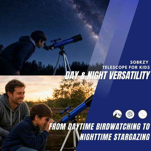Children using Beginner Kids Telescope With 50mm Aperture And Tripod, 20x-100x Magnification, Two Eyepieces during day and night.