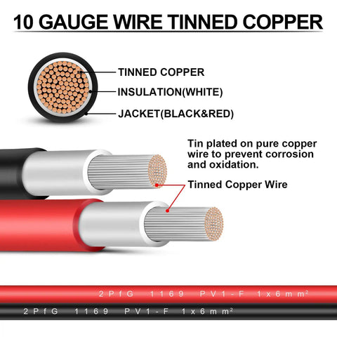 Heavy Duty 3 Feet 10 AWG Solar Panel Extension Cable with tinned copper, red and black jacket, waterproof IP67 connectors.