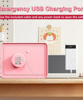 Kids Mini Safe Cash Box Pink Macaron With Coin And Bill Slot Keypad And Key Lock USB Backup Cute Stickers Design on Desk