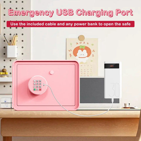 Kids Mini Safe Cash Box Pink Macaron With Coin And Bill Slot Keypad And Key Lock USB Backup Cute Stickers Design on Desk