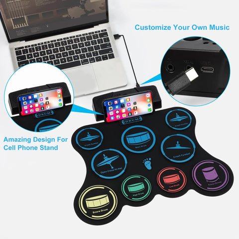 Roll Up Electric Drum Set With 9 Pads For Kids, MIDI Jam Ready Drum Pad Kit shown with phone stand and USB connection