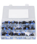 Jiawu 40 Piece Push To Connect Pneumatic Fitting Kit With Splitters Elbows Tees And Straight Connectors For Air Tubing Projects Versatile All Inclusive Toolset Perfect For Any DIY Job, assorted black and blue fittings in storage case