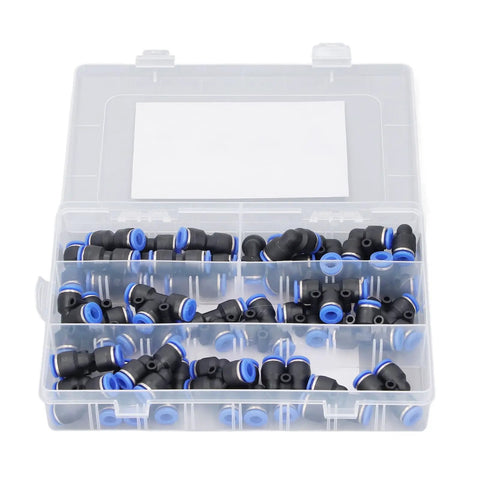 Jiawu 40 Piece Push To Connect Pneumatic Fitting Kit With Splitters Elbows Tees And Straight Connectors For Air Tubing Projects Versatile All Inclusive Toolset Perfect For Any DIY Job, assorted black and blue fittings in storage case