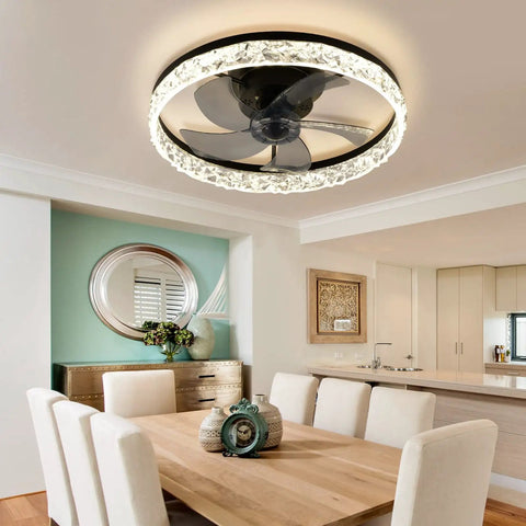 Modern 18 Inch Ceiling Fan With Lights And Remote installed in dining room, dimmable LED, black finish, bladeless design