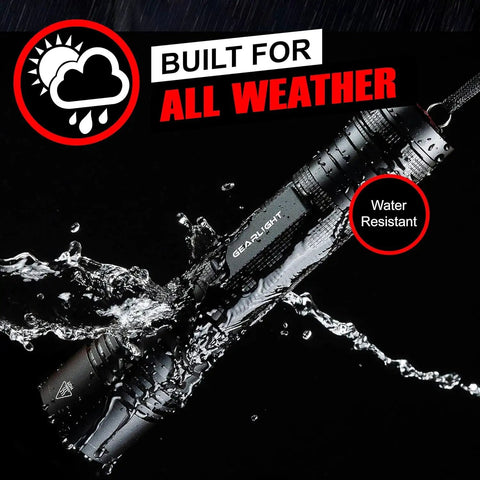 Ultra Bright 1200 Lumen Tactical Flashlight Handheld for Camping and Hunting, water-resistant feature shown with water splash.