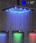 Top Shelf Matte Black LED Shower System Featuring Wide Rainfall Head And Ergonomic Hand Sprayer, 3 Way Mixer Wall Mount Tub Spout, Badass Anti Scale ABS Nozzles Full Fixture Set with colored lights in use.