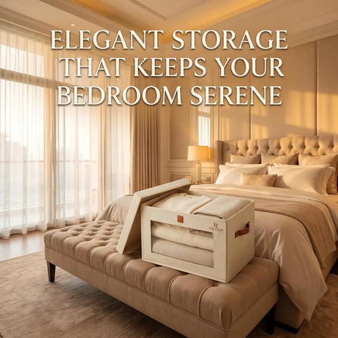 Badass No Frills Fabric Boxes With Secure Snap Lids And Grippy Handles Clear Front Panel Big Boy Closet Organizers For Clothes Blankets Household Must Haves 2 Pack Beige on tufted bed bench.