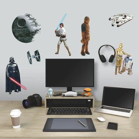 Star Wars Classic Peel And Stick Wall Decals, Multi Color 31 Pack Dope Reusable Wall Art featuring characters above a desk.