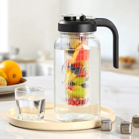 Fruit Infuser Glass Water Pitcher With Wide Mouth 2 Quart Leakproof No Spill Mason Style Jar Filter Lid For Easy Infused Water