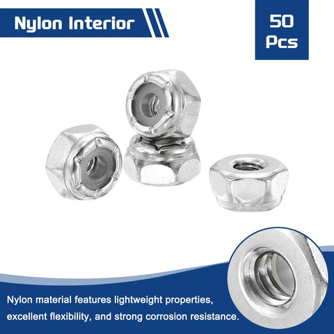 Nylon Locking Hex Nuts 4 40 Pack Of 50 In 304 Stainless Steel With Silver Finish showcasing stack and design