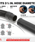 Gutter Cleaning Attachment for 2-1/2 Inch Shop Vac Hose Wet Dry Vacuum Cleaner showing hose diameter compatibility chart