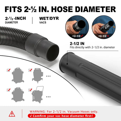 Gutter Cleaning Attachment for 2-1/2 Inch Shop Vac Hose Wet Dry Vacuum Cleaner showing hose diameter compatibility chart
