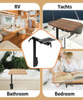 Heavy Duty Aluminum RV Table Leg Equipped With 360 Swivel And Adjustable Height Plus Space Saving Bracket For Camper Motorhome Yacht Setup Rock Solid Base Black in various settings including RV, yacht, bathroom, and bedroom.